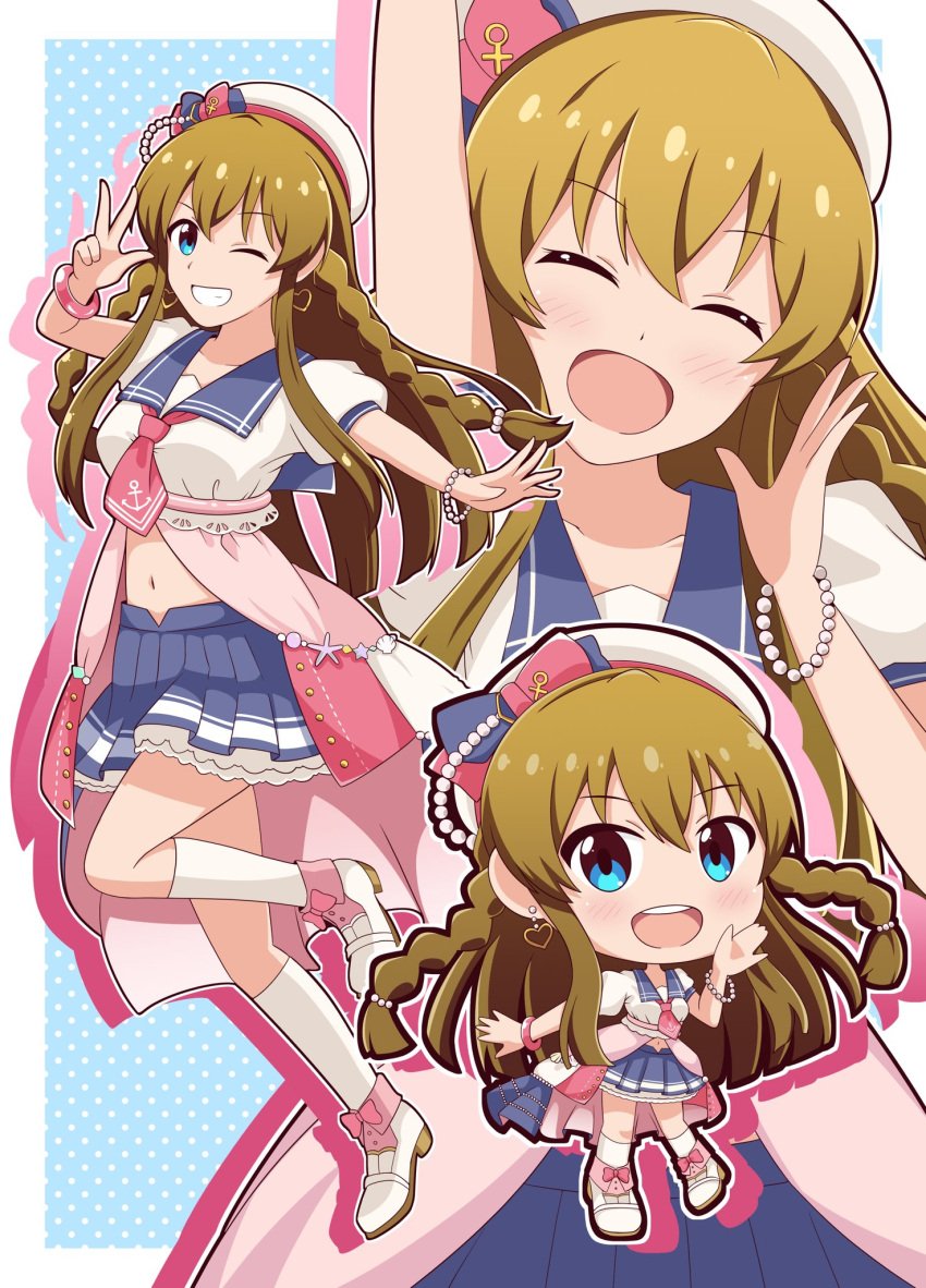 1girl arm_up bead_bracelet beads blue_background blue_eyes blue_sailor_collar blue_skirt blush bracelet braid breasts brown_hair chibi closed_eyes collarbone crop_top cropped_shirt dot_nose earrings grin hand_up hat hat_ribbon heart heart_earrings highres idolmaster idolmaster_million_live! idolmaster_million_live!_theater_days jewelry kousaka_umi long_hair looking_at_viewer maharagi_375p medium_breasts midriff_peek multiple_views navel neckerchief one_eye_closed open_mouth outstretched_arm pink_bracelet pink_neckerchief pleated_skirt polka_dot polka_dot_background ribbon sailor_collar shoes short_sleeves silhouette skirt smile socks solo standing standing_on_one_leg teeth twin_braids two-tone_ribbon upper_teeth_only w white_footwear white_socks
