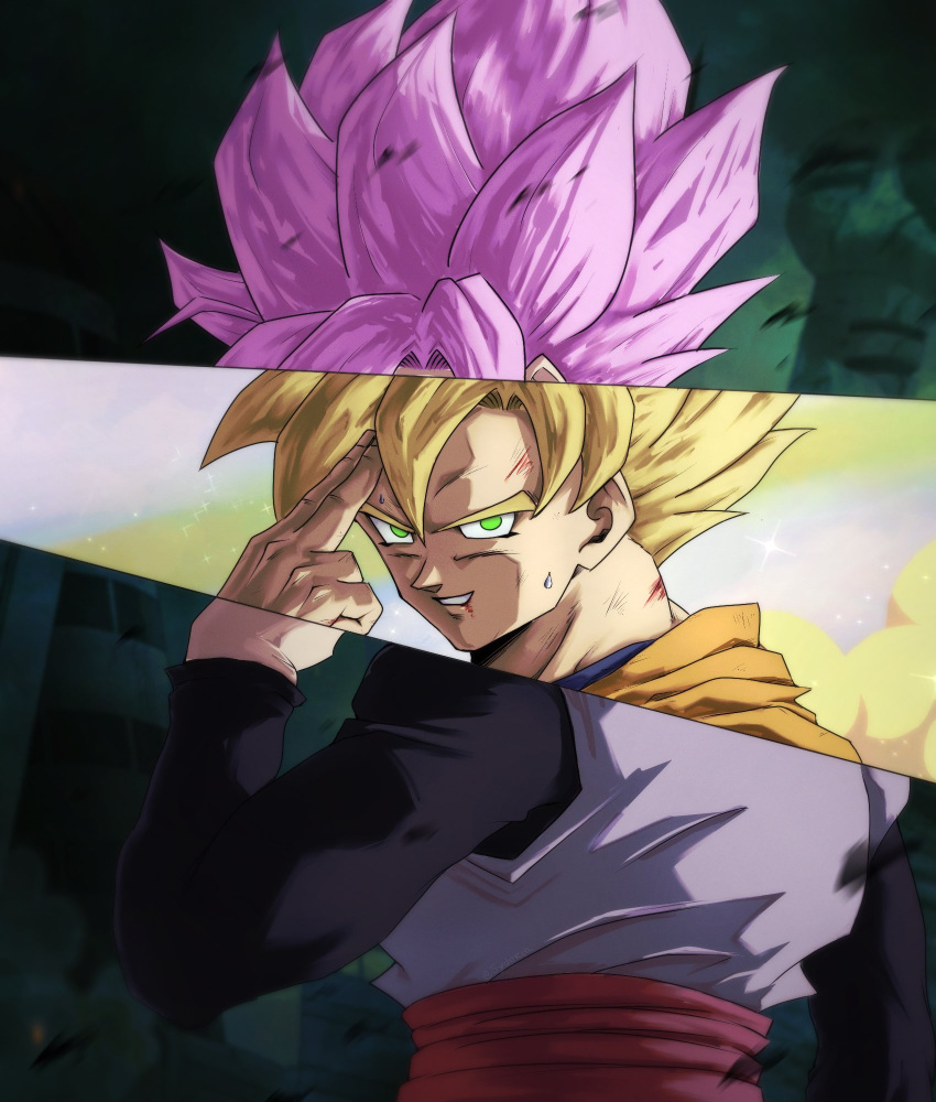 2boys black_shirt blonde_hair blood blood_stain cloud cloudy_sky commentary debris dougi dragon_ball dragon_ball_super dragon_ball_z dragon_ball_z_dokkan_battle fingers_to_head gameplay_mechanics goku_black green_cloud green_eyes green_sky grey_shirt grin highres inset instant_transmission looking_at_viewer male_focus multiple_boys orange_shirt overlapped_images pink_hair red_sash sash scuffed shirt sky smile son_goku spiked_hair super_saiyan super_saiyan_1 super_saiyan_rose sweatdrop sydoria upper_body yellow_clouds