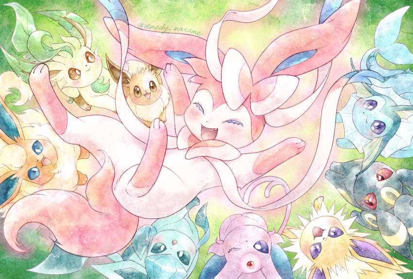 blue_eyes blush brown_eyes closed_eyes eevee espeon evolutionary_line fangs flareon fluffy forehead_jewel glaceon happy highres jolteon leafeon no_humans open_mouth pokemon pokemon_(creature) purple_eyes red_eyes remedy_matome ribbon sidelocks solo_focus sylveon umbreon vaporeon