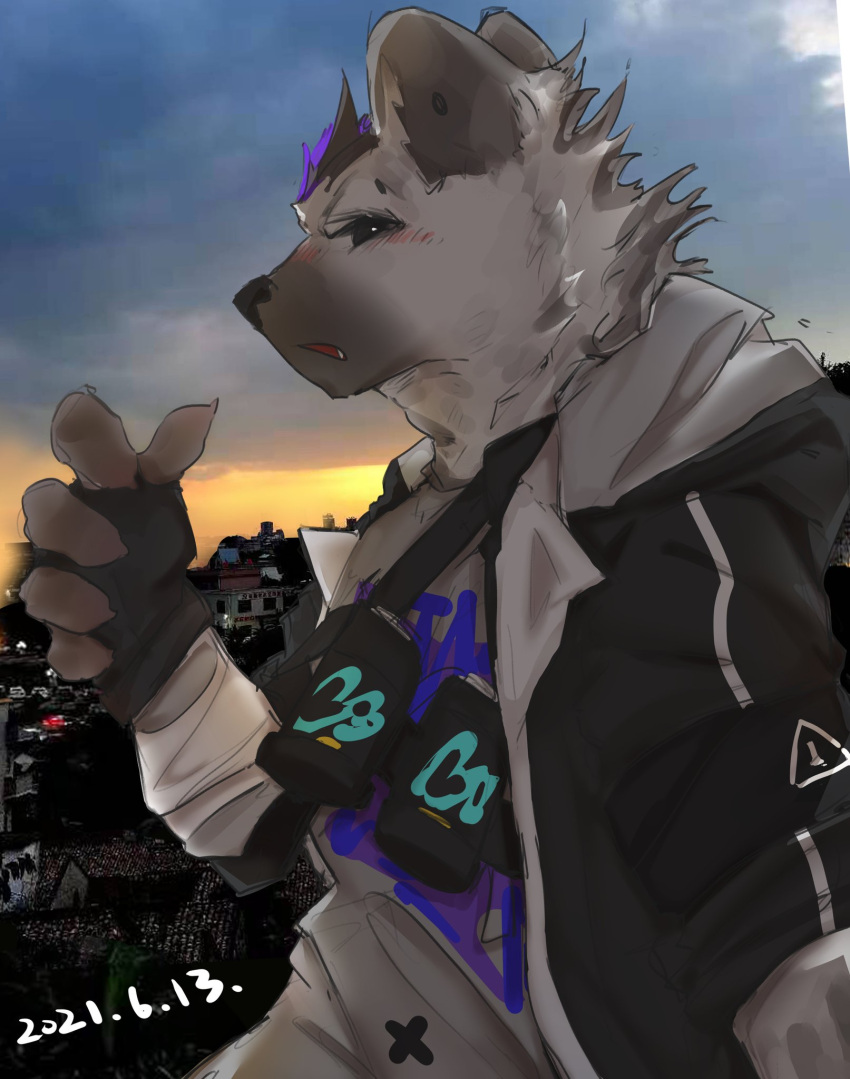 1boy arknights black_eyes black_gloves canister city dated fang fingerless_gloves from_side furry furry_male gloves highres hyena_boy looking_at_viewer male_focus multicolored_hair open_mouth outdoors p7ywirzyw8lesuc solo spot_(arknights) streaked_hair