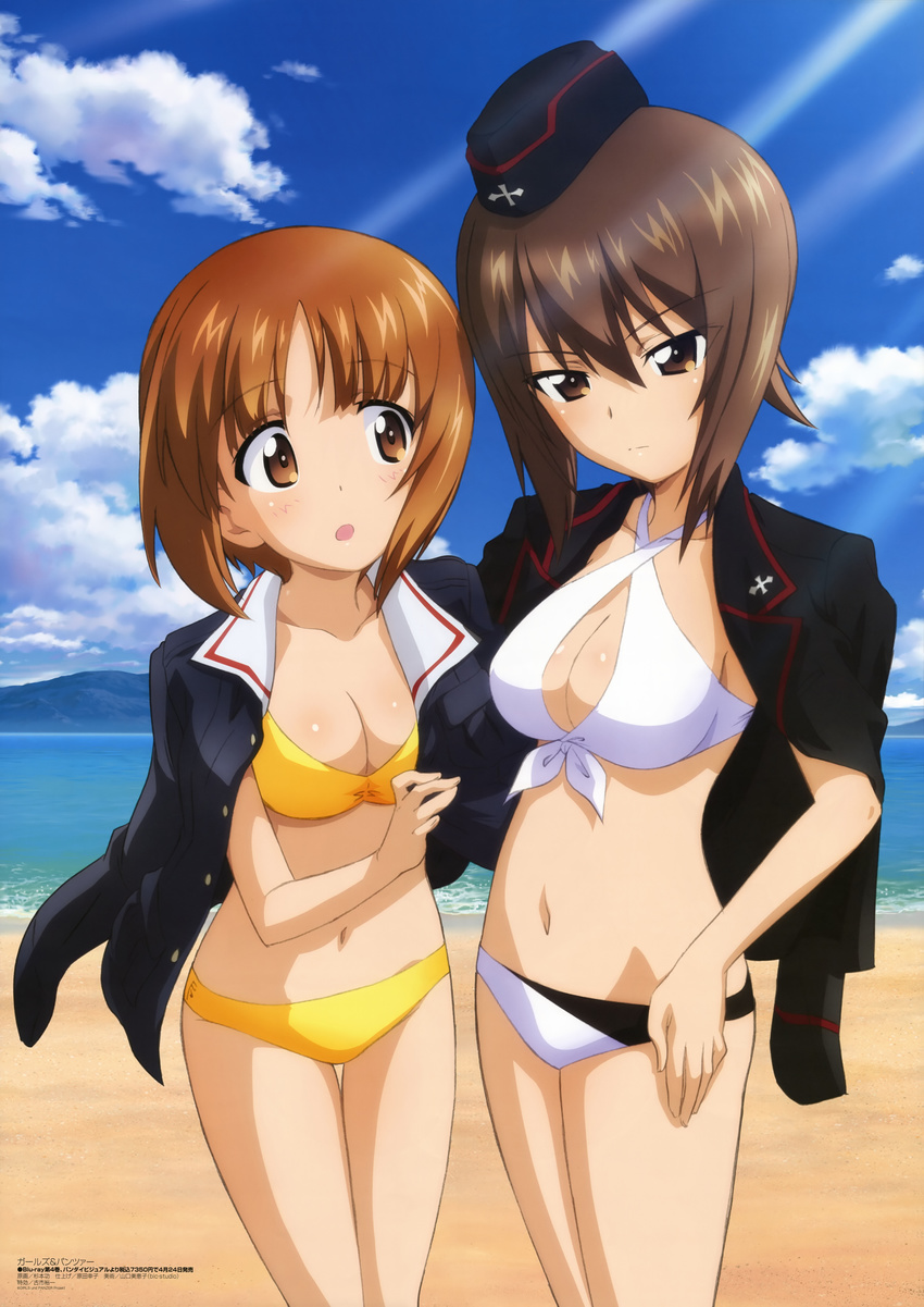 :o absurdres beach bikini breasts brown_eyes brown_hair cleavage day garrison_cap girls_und_panzer hat highres jacket_on_shoulders kuromorimine_military_uniform looking_at_viewer medium_breasts megami military military_uniform multiple_girls navel nishizumi_maho nishizumi_miho ocean official_art one-piece_swimsuit ooarai_military_uniform orange_eyes orange_hair outdoors scan short_hair siblings side-tie_bikini sisters sugimoto_isao swimsuit uniform white_bikini yellow_bikini