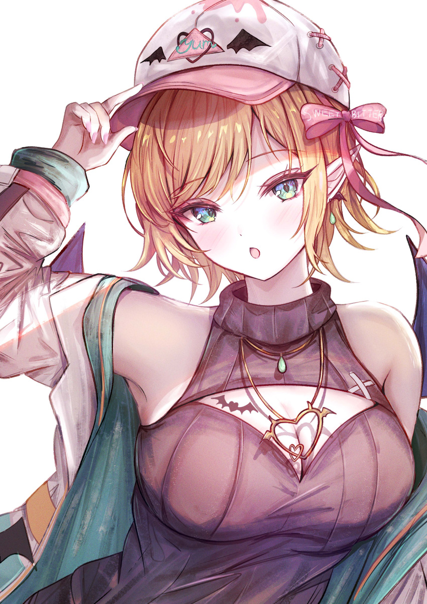 1girl absurdres baseball_cap black_sweater blonde_hair blue_eyes bow breasts cleavage cleavage_cutout clothing_cutout demon_girl demon_wings gold_necklace hair_bow hat heart heart_necklace heart_tattoo highres hololive jacket jewelry large_breasts mito_soosu necklace official_alternate_costume open_mouth pink_bow pointy_ears short_hair solo sweater tattoo turtleneck turtleneck_sweater virtual_youtuber white_hat white_jacket winged_heart_tattoo wings yuzuki_choco yuzuki_choco_(streetwear)