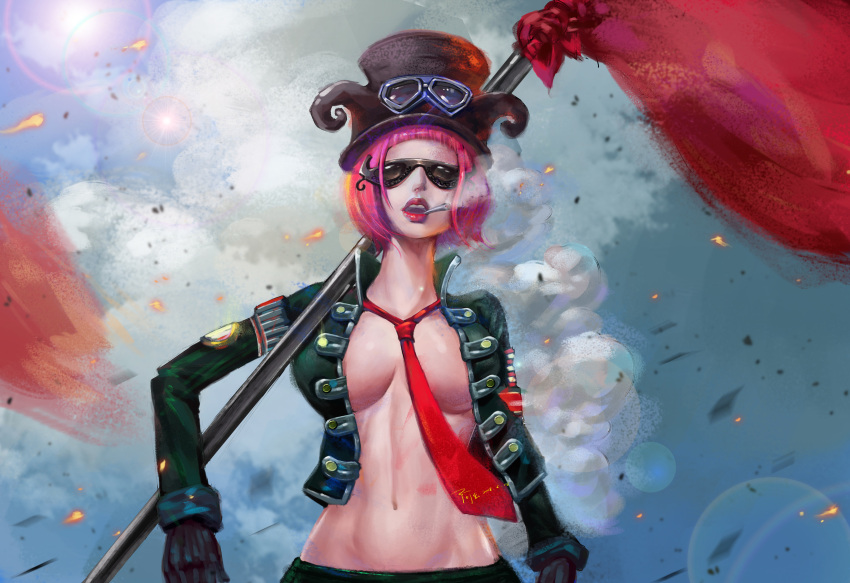 1girl 2018 absurdres belo_betty black_gloves blunt_bangs bob_cut breasts cigarette cowboy_shot cropped_jacket dated dust_cloud embers flag glasses gloves goggles goggles_on_headwear hat hat_feather highres holding holding_flag jacket ljjshmhday navel necktie no_shirt one_piece open_clothes open_jacket pink_hair red_lips red_necktie signature smoke solo sun teeth upper_teeth_only