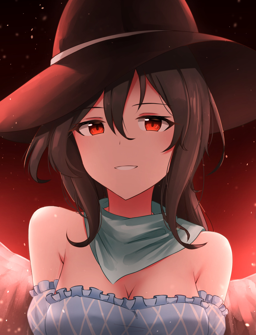 1girl absurdres bare_shoulders black_background blue_shirt breasts brown_hair brown_hat cleavage commentary cowboy_hat english_commentary frilled_shirt frills grin hair_between_eyes hat highres kuneamorai kurokoma_saki light_particles long_hair looking_at_viewer medium_breasts off_shoulder red_background red_eyes shirt smile solo split_mouth touhou upper_body