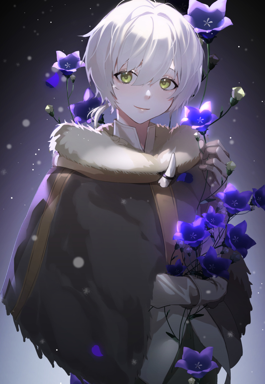 1boy bishounen cloak flower fumetsu_no_anata_e fur_trim fushi gradient_background hair_between_eyes highres holding holding_flower hood hooded_cloak long_sleeves looking_at_viewer male_focus pale_skin ponytail puke.face purple_flower shirt short_hair smile snowing solo upper_body white_hair white_shirt yellow_eyes