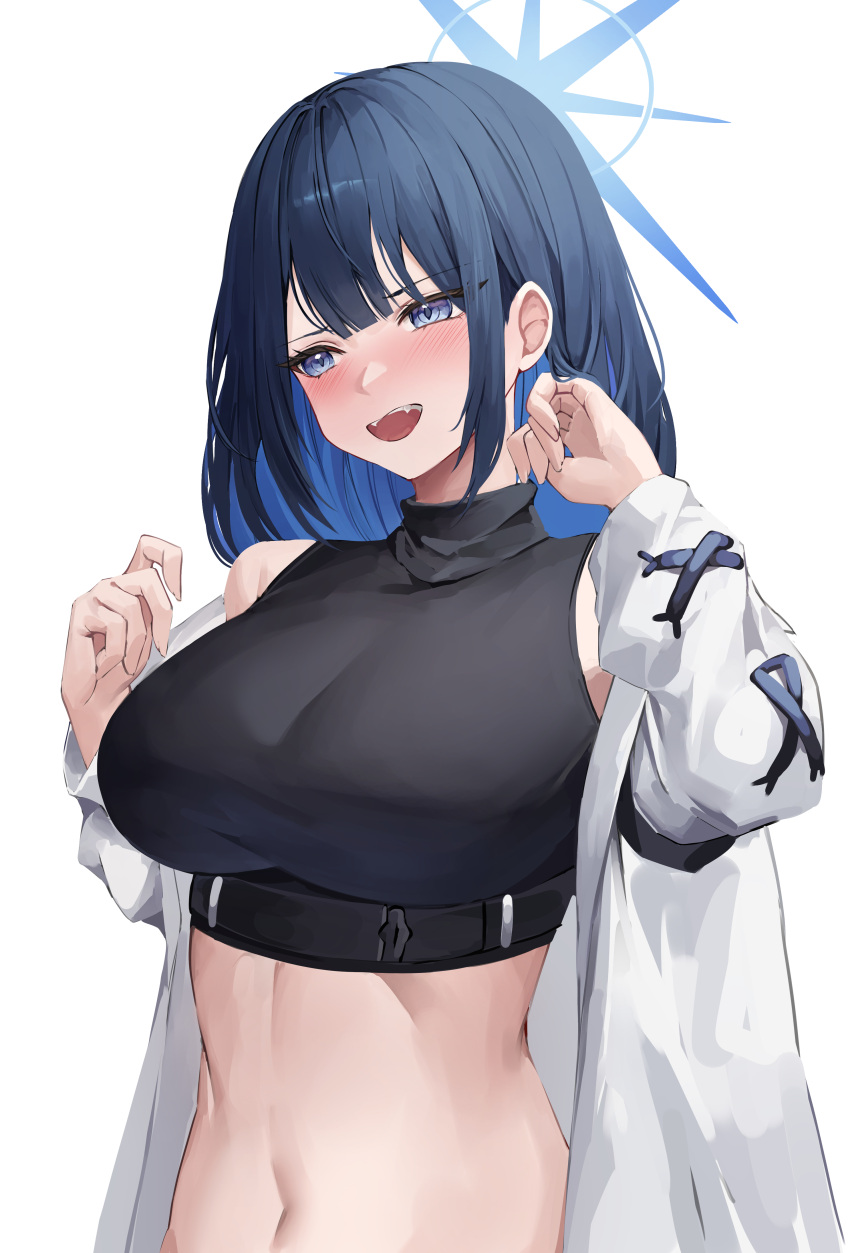 1girl :d absurdres bare_shoulders black_shirt blue_archive blue_eyes blue_hair blush breasts coat commentary crop_top hands_up highres large_breasts long_hair mea_(hwaksal) midriff navel no_headwear off_shoulder open_clothes open_coat open_mouth saori_(blue_archive) shirt sleeveless sleeveless_shirt smile solo stomach upper_body white_coat