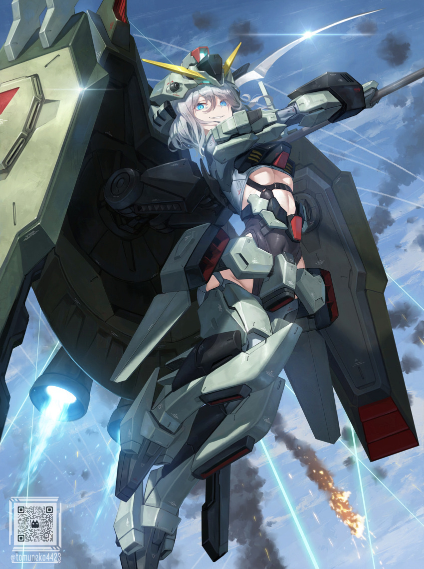 1girl armor armored_boots blue_eyes blue_sky blush boots cloud commentary_request covered_navel day english_commentary exhaust floating_hair flying forbidden_gundam furrowed_brow gauntlets glint grey_hair grin gundam gundam_seed hair_between_eyes headgear highres holding holding_scythe holding_weapon laser looking_at_viewer mecha_musume mixed-language_commentary outdoors paid_reward_available parted_lips qr_code scythe shield shoulder_armor sky slit_pupils smile smoke solo teeth thrusters tom-neko_(zamudo_akiyuki) twitter_username v-fin weapon