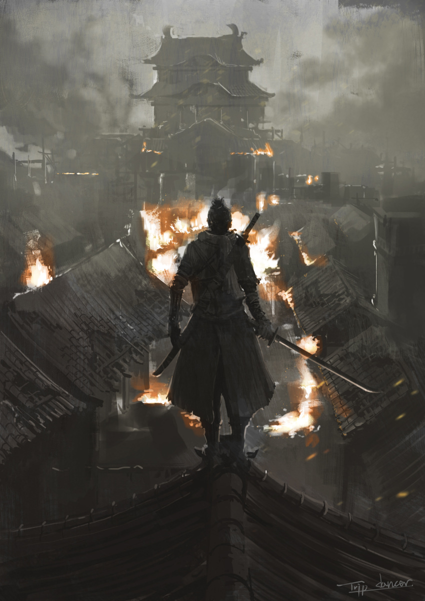 1boy castle fire hakama hakama_pants highres holding holding_sword holding_weapon japanese_clothes katana male_focus mechanical_arms ninja pants prosthesis prosthetic_arm scarf sekiro sekiro:_shadows_die_twice single_mechanical_arm solo sword tripdancer weapon