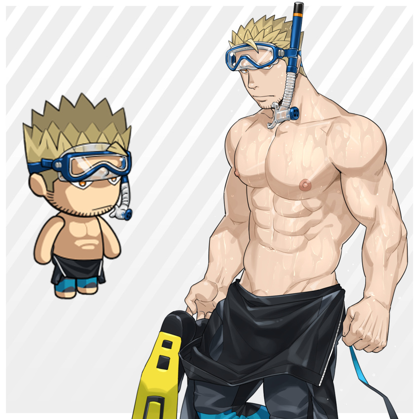 1boy abs absurdres bara beard_stubble bodysuit chibi cowboy_shot diving_mask diving_suit ero_condo facial_hair frown goggles goggles_on_head groin highres kienbiu large_pectorals looking_at_viewer male_focus muscular muscular_male navel nipples official_alternate_costume paid_reward_available pectorals penis penis_peek punt_(kienbiu) shaved_body short_hair simple_background solo standing stomach stubble topless_male wet wetsuit