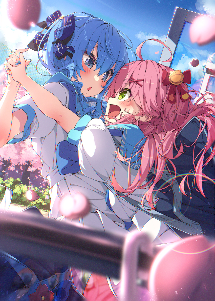 2girls absurdres ahoge ama_rei bag bell blue_eyes blue_hair blue_nails blue_sailor_collar blue_sky blurry blush cherry_blossoms chestnut_mouth day depth_of_field falling_petals from_side green_eyes hair_bell hair_between_eyes hair_ornament hair_ribbon hairclip hand_grab highres holohoneygaoka_koukou hololive hoshimachi_suisei imminent_hug long_hair looking_at_another multiple_girls official_alternate_costume open_mouth outdoors petals pink_hair pink_nails pleated_skirt puffy_short_sleeves puffy_sleeves ribbon sailor_collar sakura_miko school_bag school_uniform serafuku short_sleeves shoulder_bag side_ponytail sideways_mouth skirt sky star_(symbol) star_in_eye symbol_in_eye uniform virtual_youtuber white_serafuku x_hair_ornament