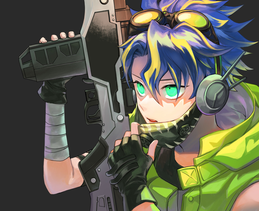 1boy adjusting_mask astel_leda bandaged_arm bandages black_background blonde_hair blue_hair commentary_request fingerless_gloves gloves glowing glowing_eyes goggles goggles_on_head green_eyes green_jacket gun hair_between_eyes headset highres holding holding_gun holding_weapon holostars hood hooded_jacket isal_(lasi) jacket looking_ahead male_focus multicolored_hair parted_lips partially_shaded_face portrait serious short_hair sleeveless sleeveless_jacket solo streaked_hair virtual_youtuber weapon