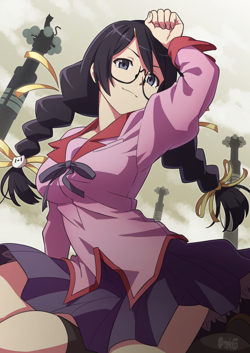 1girl absurdres arm_up black_eyes black_hair black_ribbon braid breasts cat closed_mouth cloud commentary girugiru_(tektonics6588) glasses hair_ornament hair_ribbon hairclip hanekawa_tsubasa highres juliet_sleeves lamppost large_breasts long_hair long_sleeves looking_at_viewer monogatari_(series) naoetsu_high_school_uniform outdoors paw_pose pink_shirt pleated_skirt puffy_sleeves purple_skirt ribbon school_uniform semi-rimless_eyewear shirt skirt smug solo twin_braids twintails under-rim_eyewear v-shaped_eyebrows yellow_ribbon