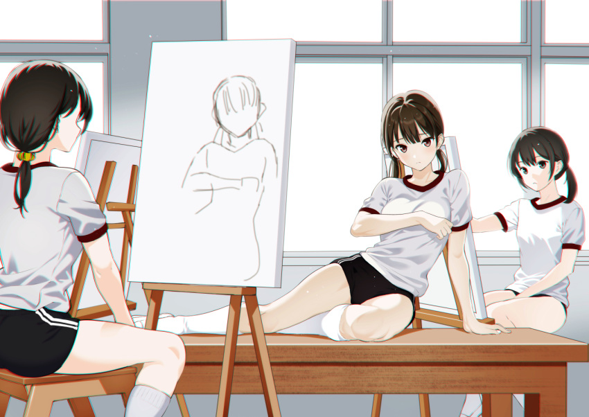 3girls arm_support black_buruma black_hair black_socks brown_eyes buruma closed_mouth commentary_request commission double_vertical_stripe easel gym_shirt gym_uniform hair_between_eyes hair_ornament hair_scrunchie kneehighs medium_hair moonsorrow multiple_girls nude original pixiv_commission school_uniform scrunchie shirt short_sleeves sitting sitting_on_table sketching socks thighs twintails white_shirt white_socks window