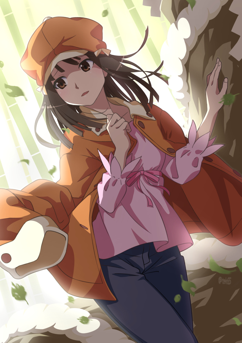 1girl absurdres bamboo blue_pants brown_eyes brown_hair cabbie_hat commentary cowboy_shot dutch_angle falling_leaves floating_hair girugiru_(tektonics6588) hands_up hat highres jacket jacket_on_shoulders leaf long_sleeves looking_to_the_side medium_hair monogatari_(series) orange_hat orange_jacket outdoors pants pink_shirt rope sengoku_nadeko shide shimenawa shirt solo standing tree twitter_username