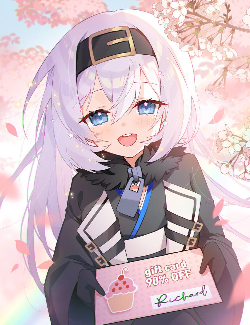 1girl :d absurdres apple_caramel azur_lane black_coat black_dress black_gloves black_hairband blue_eyes bon_homme_richard_(azur_lane) character_name character_signature cherry_blossoms coat commission curly_hair day dress flower fur-trimmed_coat fur_trim gift gift_card gloves hair_between_eyes hairband hands_up happy highres holding holding_gift incoming_gift long_hair long_sleeves looking_at_viewer open_clothes open_coat outdoors pink_petals pixiv_commission smile solo teeth tree upper_body upper_teeth_only very_long_hair white_flower white_hair wide_sleeves zipper_pull_tab