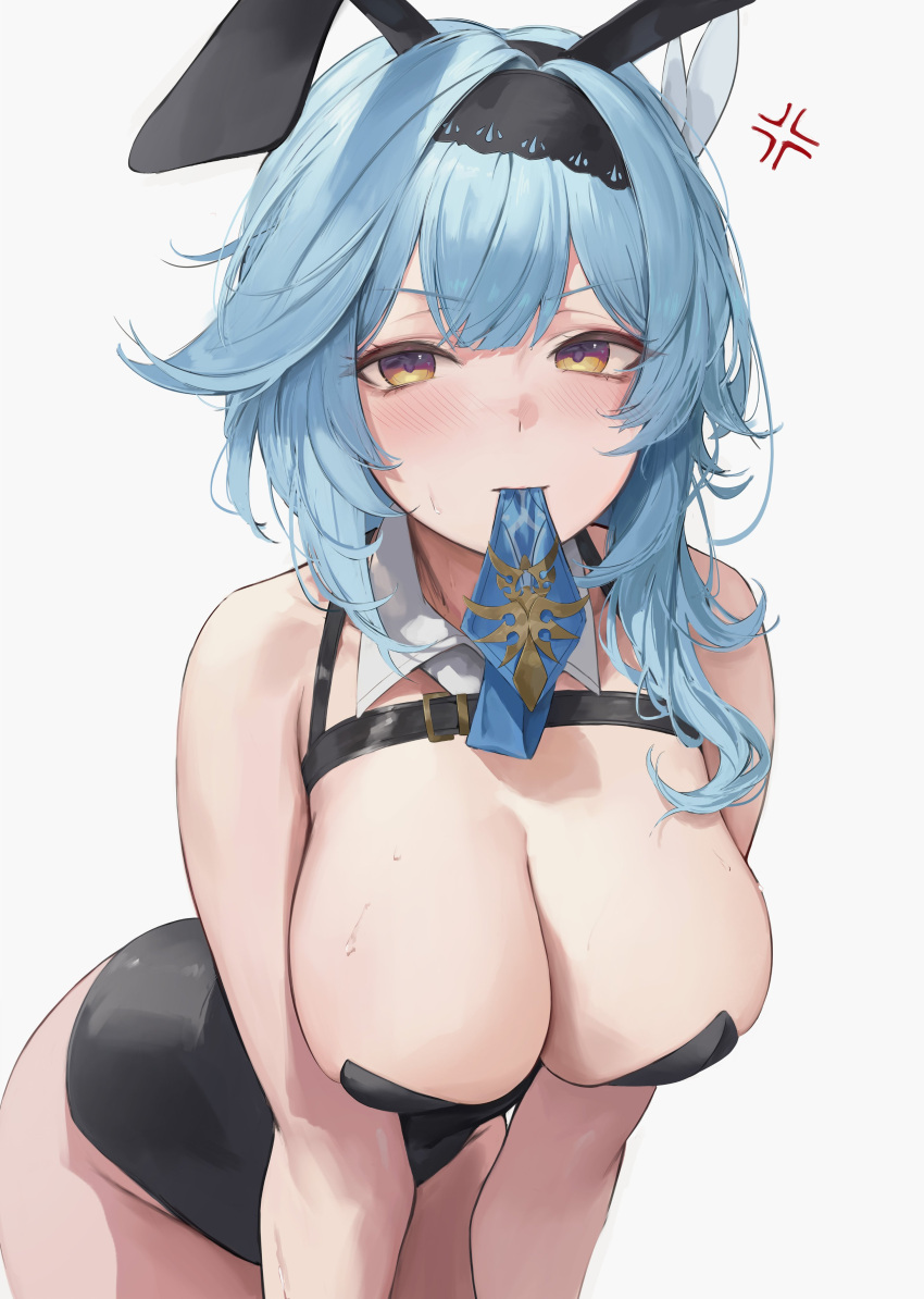 1girl absurdres alternate_costume anger_vein animal_ears bent_over black_hairband black_leotard blue_hair blue_necktie breasts butterfly_hair_ornament chest_harness cleavage detached_collar eula_(genshin_impact) fake_animal_ears genshin_impact gradient_eyes hair_ornament hairband harness highres large_breasts leotard leviathan_(hikinito0902) looking_at_viewer medium_hair mouth_hold multicolored_eyes necktie necktie_in_mouth playboy_bunny rabbit_ears simple_background solo strapless strapless_leotard wing_collar