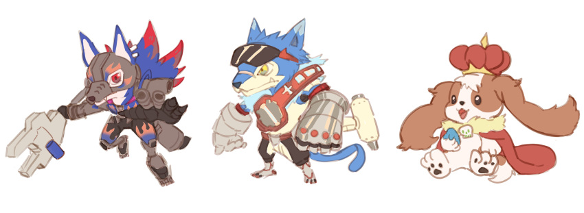 765_nanami absurdres black_pants blue_fur cape chibi crown digimon dog eye_mask eyewear_on_head highres holding holding_wrench machgaogamon madomon mechanical_gloves metal_gloves oversized_object pants red_cape soloogarmon sunglasses tail trait_connection wrench yellow_eyes