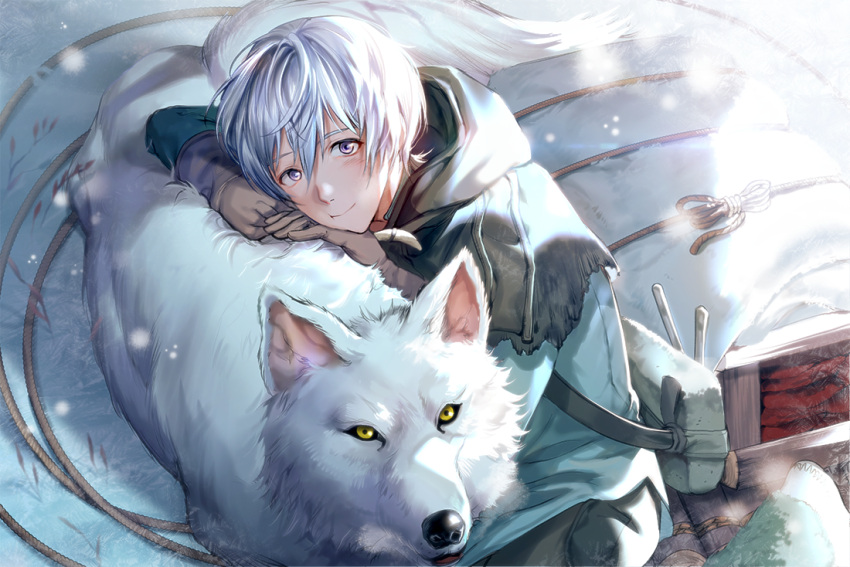 1boy 1other animal bag blush boba cloak coat commentary fumetsu_no_anata_e fushi gloves hair_between_eyes hood hood_down long_sleeves looking_at_viewer male_focus pants purple_eyes rope short_hair shoulder_bag sitting smile snow snowing the_nameless_boy_(fumetsu_no_anata_e) white_hair white_wolf wolf yellow_eyes