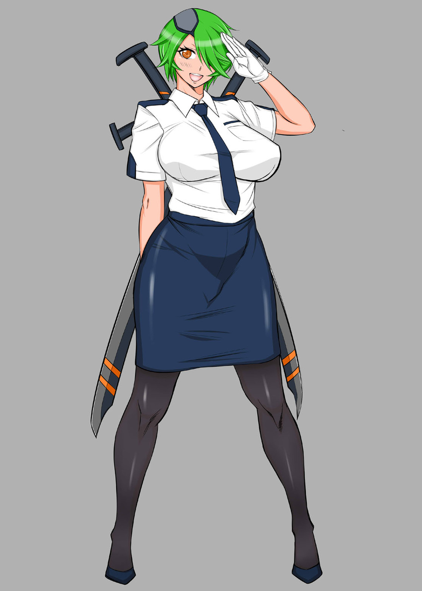 breasts gloves green_hair hair_over_one_eye highres large_breasts midou_tsukasa necktie open_mouth orange_eyes otonashi_kiruko pantyhose pencil_skirt police police_uniform policewoman salute shinmai_fukei_kiruko-san short_hair simple_background skirt sword uniform weapon