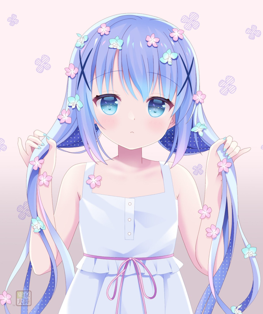 1girl bare_shoulders blue_eyes blue_hair blush dress flat_chest flower gochuumon_wa_usagi_desu_ka? hair_flower hair_ornament highres holding holding_hair kafuu_chino kurasawa_kyoushou long_hair looking_at_viewer solo twintails upper_body white_dress x_hair_ornament