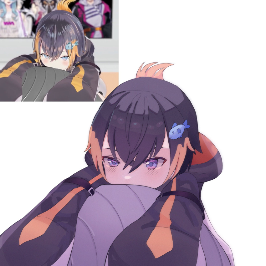 1girl ball black_hair blush english_commentary exercise_ball fish_hair_ornament genkibunko hair_between_eyes hair_ornament highres hood hoodie multicolored_hair nijisanji nijisanji_en petra_gurin petra_gurin_(1st_costume) purple_eyes reference_inset short_hair sleeves_past_fingers sleeves_past_wrists two-tone_hair virtual_youtuber white_background