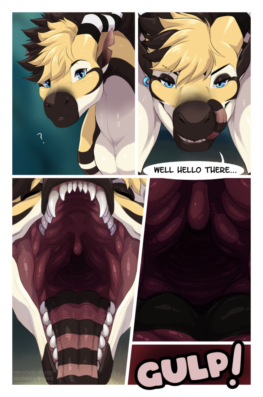 anthro blue_eyes hi_res horn invalid_tag male mouth_shot nummynumz open_mouth scales soft_vore solo tail tan_body tan_scales teeth text tongue vore white_body white_scales