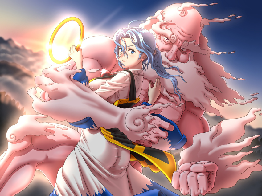 1girl ass bald beard blue_eyes blue_hair clenched_hand dress facial_hair highres holding hoop jewelry kesa kezune_(i-_-i) kumoi_ichirin long_sleeves looking_at_viewer muscle necklace no_hat no_headwear pendant ponytail sky touhou unzan wide_sleeves