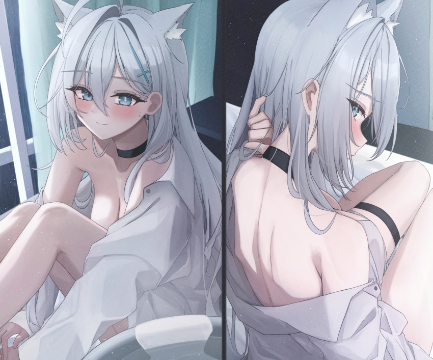1girl absurdres ahoge animal_ear_fluff animal_ears black_choker blue_archive blue_eyes blush breasts choker cleavage closed_mouth collared_shirt cross_hair_ornament extra_ears grey_hair hair_between_eyes hair_ornament highres large_breasts long_hair long_sleeves mismatched_pupils mofu07519 multiple_views shiroko_(blue_archive) shiroko_terror_(blue_archive) shirt thigh_strap white_shirt wolf_ears