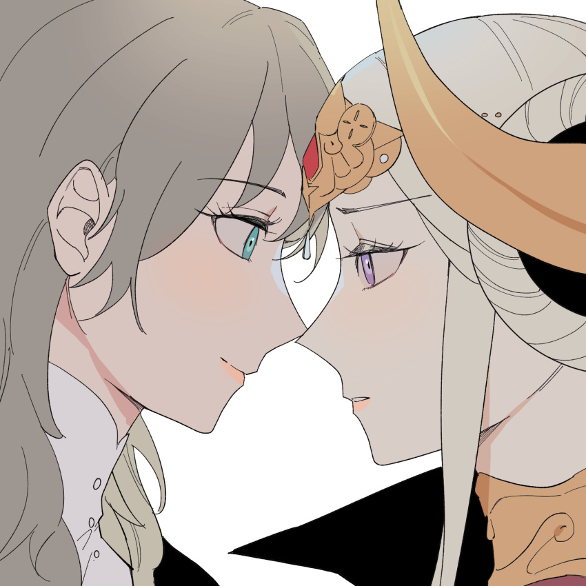 2girls b_(wldms6650) blue_eyes byleth_(female)_(fire_emblem) byleth_(fire_emblem) closed_mouth commentary edelgard_von_hresvelg english_commentary eye_contact fire_emblem fire_emblem:_three_houses grey_hair highres long_hair looking_at_another multiple_girls noses_touching parted_lips purple_eyes simple_background smile tiara upper_body white_background white_hair yuri