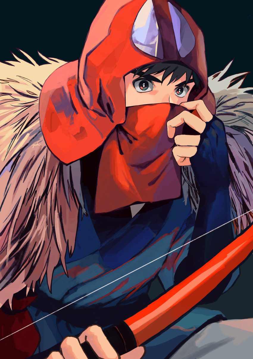 1boy absurdres adjusting_mask ashitaka black_eyes black_hair blue_shirt bow_(weapon) coat covered_mouth fingerless_gloves fur-trimmed_coat fur_trim gloves hand_up highres holding holding_bow_(weapon) holding_weapon japanese_clothes looking_at_viewer male_focus mononoke_hime shirt short_hair solo thick_eyebrows upper_body weapon yukiji_(4215haru)