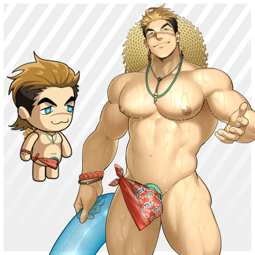 1boy :3 abs absurdres bara bulge character_request chibi cock_ring cowboy_shot ero_condo half_thong highres holding holding_swim_ring kienbiu large_pectorals male_focus muscular muscular_male navel necklace_between_pecs nipples official_alternate_costume paid_reward_available pectorals plump sex_toy short_hair simple_background smile solo standing stomach swim_ring thick_thighs thighs wet