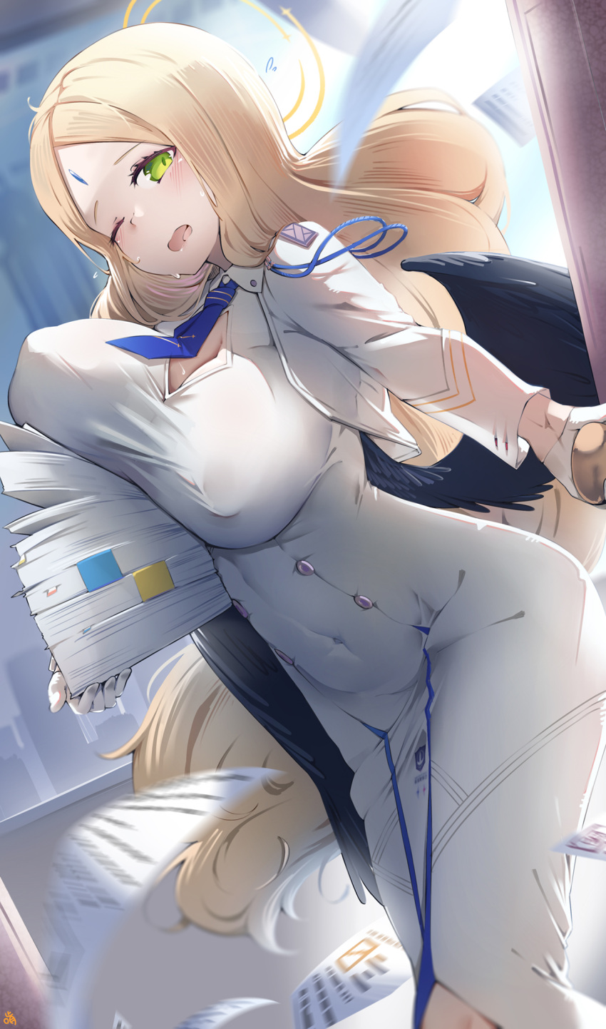 1girl ayumu_(blue_archive) black_wings blonde_hair blue_archive blue_necktie breasts cleavage_cutout clothing_cutout covered_navel covered_nipples diamond_cutout dress feathered_wings flying_paper forehead_jewel halo highres keyfanjun large_breasts long_hair necktie one_eye_closed open_mouth opening_door paper paper_stack short_necktie white_dress wings yellow_eyes yellow_halo