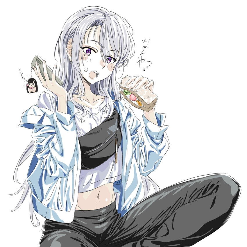 1girl black_pants blue_jacket cellphone cellphone_charm charm_(object) earrings fanny_pack food hair_between_eyes hamazaki_hideki highres higuchi_kaede higuchi_kaede_(9th_costume) jacket jewelry long_hair long_sleeves midriff mole mole_under_eye navel nijisanji open_clothes pants phone purple_eyes sandwich shirt smartphone solo tsukino_mito virtual_youtuber white_shirt