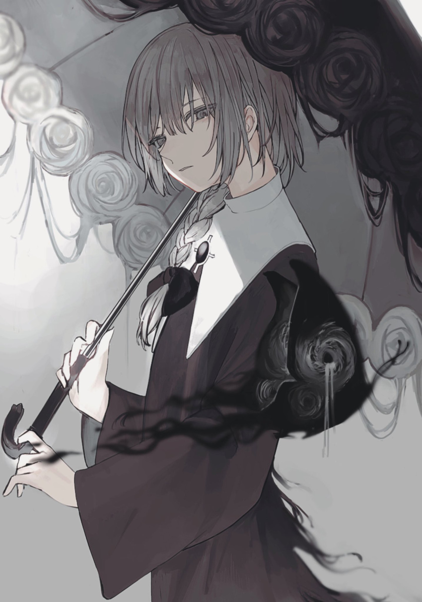 1boy bishounen black_butterfly black_dress black_umbrella blunt_bangs braid bug butterfly dress expressionless from_side grey_eyes grey_hair hair_ribbon highres holding holding_umbrella looking_to_the_side male_focus original parted_lips ribbon sidelocks simple_background sinaco single_braid solo teeth umbrella upper_body upper_teeth_only