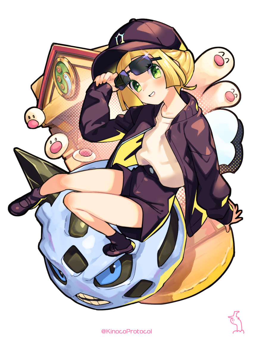 1girl adjusting_eyewear bare_legs baseball_cap blonde_hair blush commentary_request coral_(pokemon) coral_(pokemon)_(cosplay) cosplay eyelashes glalie glint green_eyes grin hand_up hat head_tilt highres jacket kinocopro lillie_(pokemon) long_sleeves open_clothes open_jacket pokemon pokemon_(anime) pokemon_(creature) pokemon_horizons pokemon_sm_(anime) shirt shoes shorts sleeves_past_wrists smile sunglasses teeth twitter_username wiglett