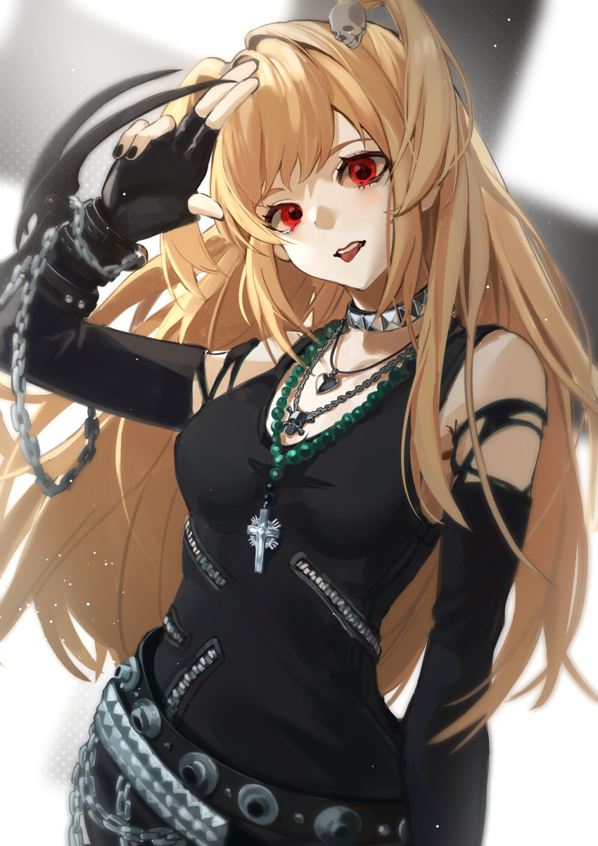 1girl absurdres amane_misa arm_up bead_necklace beads belt black_tank_top blonde_hair breasts chain choker cross death_note detached_sleeves eyelashes fingerless_gloves gloves goth_fashion hair_ornament highres jewelry long_hair looking_at_viewer multiple_necklaces nail_polish necklace puke.face red_eyes salute simple_background skull_hair_ornament solo tank_top tongue tongue_out two-finger_salute two_side_up zipper