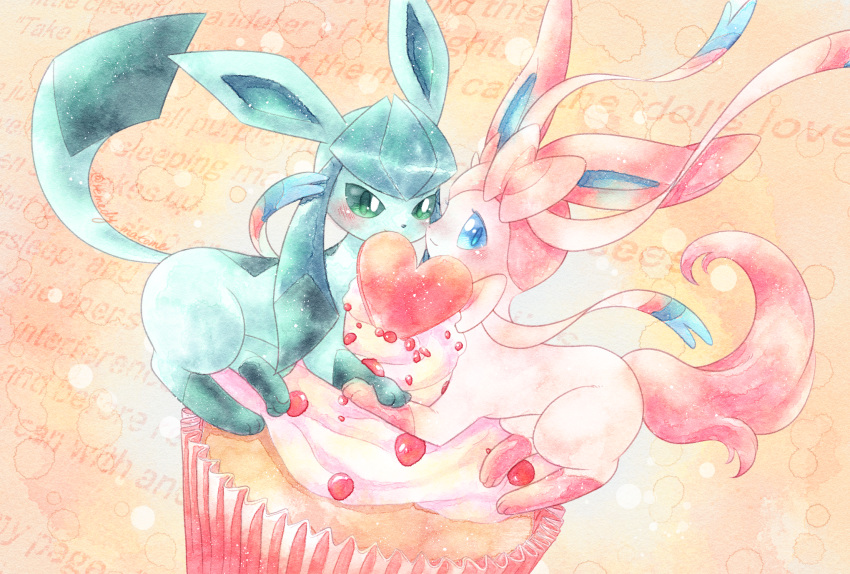 blue_eyes blush bow cupcake food glaceon green_eyes heart highres no_humans pokemon pokemon_(creature) remedy_matome ribbon sidelocks smile sylveon