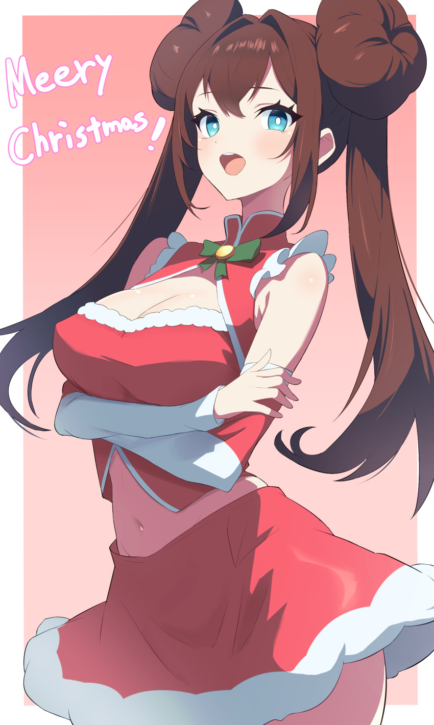 1girl absurdres arms_under_breasts blue_eyes breast_hold breasts brown_hair christmas cleavage crop_top crossed_arms double_bun doughnut_hair_bun english_text engrish_text fur-trimmed_skirt fur_trim hair_bun highres large_breasts long_hair looking_at_viewer merry_christmas midriff navel open_mouth pokemon pokemon_bw ranguage rosa_(pokemon) ryokuchabushi santa_costume skirt solo standing stomach twintails