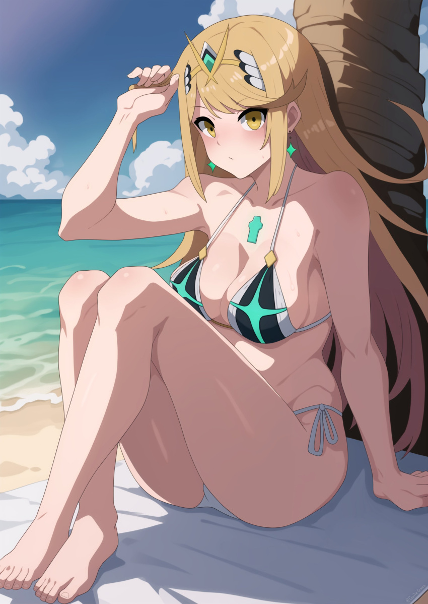 1girl absurdres ai-assisted arm_support beach bikini blanket blonde_hair blush breasts chest_jewel cleavage cloud cloudy_sky core_crystal_(xenoblade) crossed_legs drop_earrings earrings feet full_body gem guilegaze hand_in_own_hair headpiece highres jewelry large_breasts long_hair looking_at_viewer mythra_(xenoblade) on_ground outdoors sand side-tie_bikini_bottom sidelocks sitting sky solo swept_bangs swimsuit tiara water xenoblade_chronicles_(series) xenoblade_chronicles_2 yellow_eyes