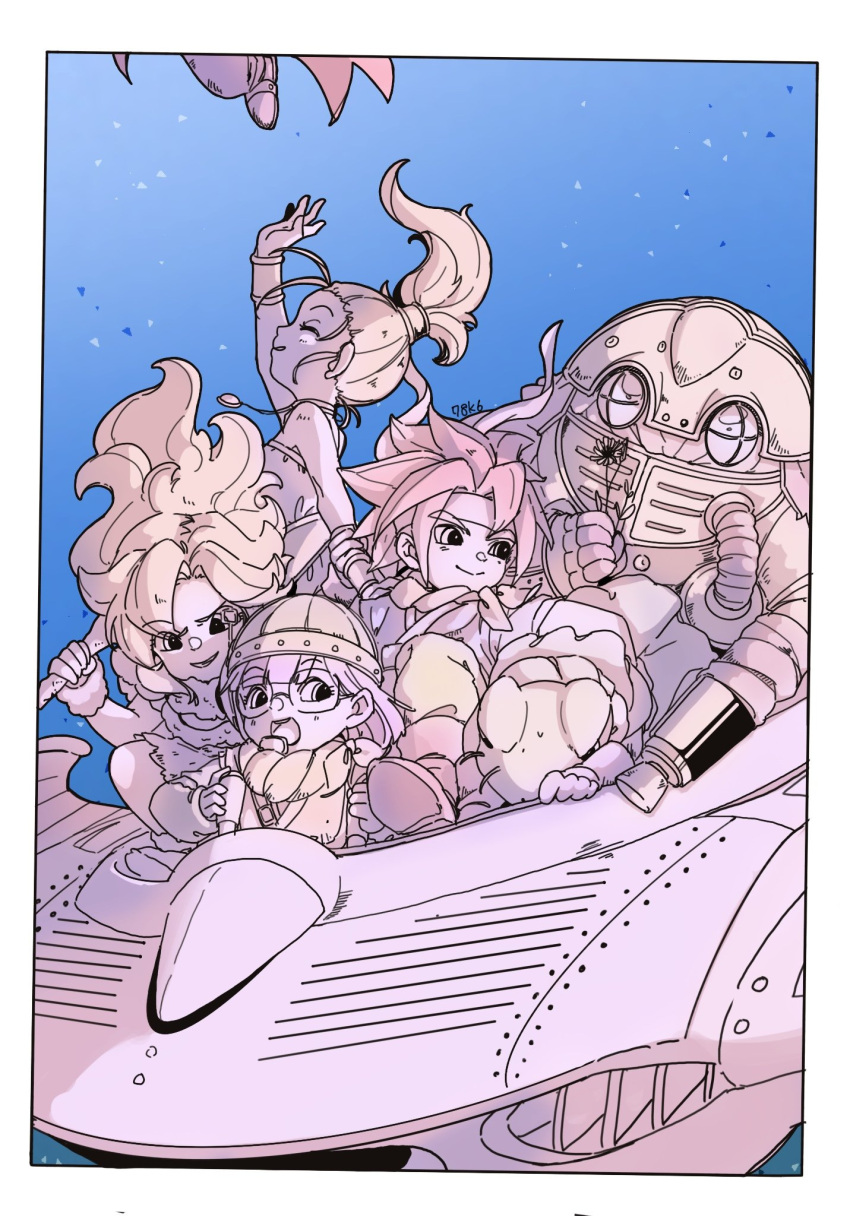 3girls ayla_(chrono_trigger) chrono_trigger crono_(chrono_trigger) epoch flower frog_(chrono_trigger) glasses greyscale headband helmet highres jewelry long_hair lucca_ashtear magus_(chrono_trigger) marle_(chrono_trigger) monochrome multiple_boys multiple_girls naekam necklace open_mouth ponytail robo_(chrono_trigger) robot short_hair smile spiked_hair weapon