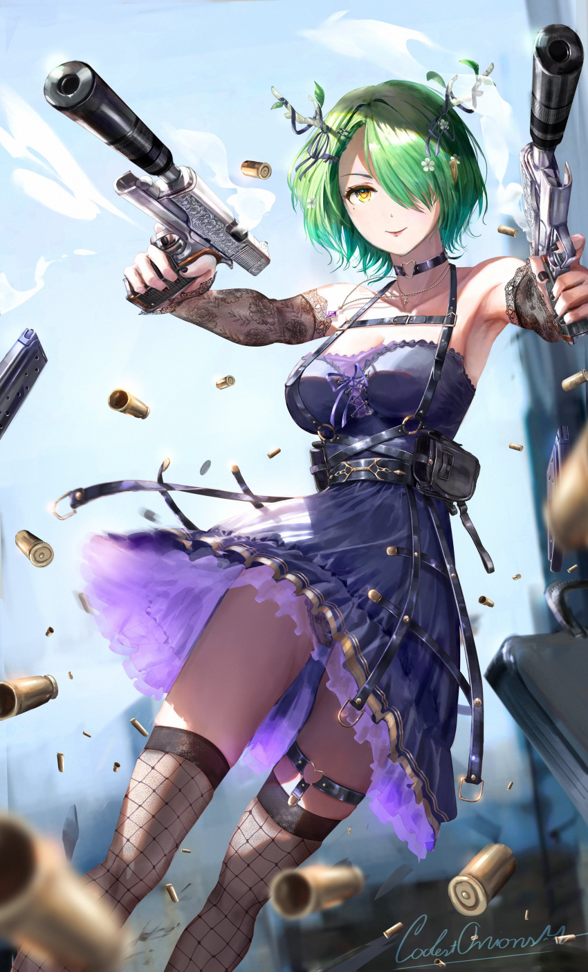 1girl absurdres antlers black_choker black_dress blue_sky breasts bullet ceres_fauna ceres_fauna_(goth) choker cleavage cloud coolestonions detached_sleeves dress fishnet_sleeves fishnet_thighhighs fishnets flower gun hair_flower hair_ornament hair_over_one_eye heart_o-ring highres holding holding_gun holding_weapon hololive hololive_english horns large_breasts looking_at_viewer mole mole_under_eye o-ring o-ring_choker o-ring_thigh_strap official_alternate_costume short_hair sky sleeveless sleeveless_dress smile solo thigh_strap thighhighs virtual_youtuber weapon yellow_eyes