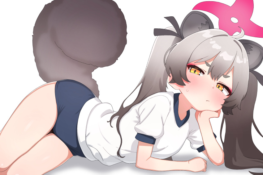 1girl animal_ears black_buruma blue_archive blush buruma closed_mouth grey_hair gym_shirt gym_uniform halo highres long_hair looking_at_viewer michiru_(blue_archive) mingkozus pink_halo raccoon_ears raccoon_tail shirt short_sleeves simple_background solo tail twintails white_background white_shirt yellow_eyes