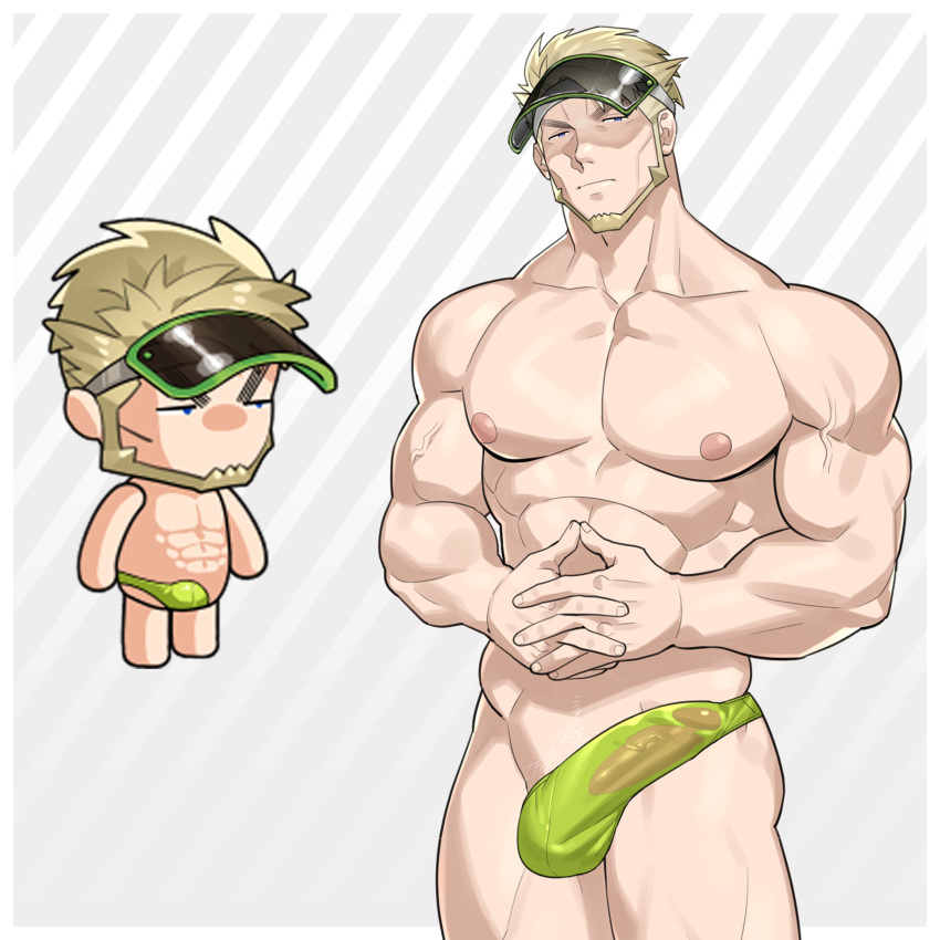 1boy abs absurdres bara beard blonde_hair bulge character_request cheekbones cowboy_shot erection erection_under_clothes ero_condo facial_hair frown full_beard girthy_penis green_male_swimwear half_thong hat highres interlocked_fingers kienbiu large_pectorals looking_at_viewer male_focus male_swimwear muscular muscular_male nipples official_alternate_costume own_hands_together paid_reward_available pectorals penis see-through short_hair simple_background solo standing stomach thick_thighs thighs topless_male veins veiny_arms wet_male_swimwear