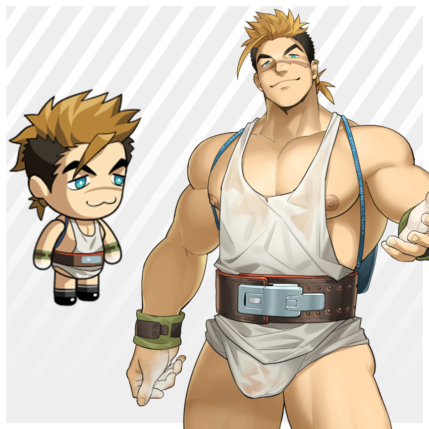 1boy :3 absurdres bara bare_pectorals bulge character_request chibi covered_penis cowboy_shot ero_condo highres kienbiu large_belt large_pectorals male_focus male_underwear muscular muscular_male nipples official_alternate_costume paid_reward_available pectorals scar scar_on_face scar_on_nose see-through shirt short_hair simple_background solo standing thick_thighs thighs underwear wet wet_clothes wet_male_underwear wet_shirt