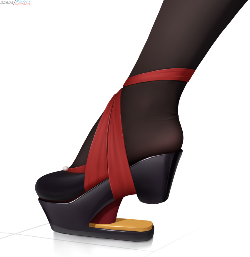 1girl artist_name black_pantyhose chiori_(genshin_impact) close-up feet foot_focus genshin_impact heel-less_heels highres pantyhose simple_background solo white_background z282g