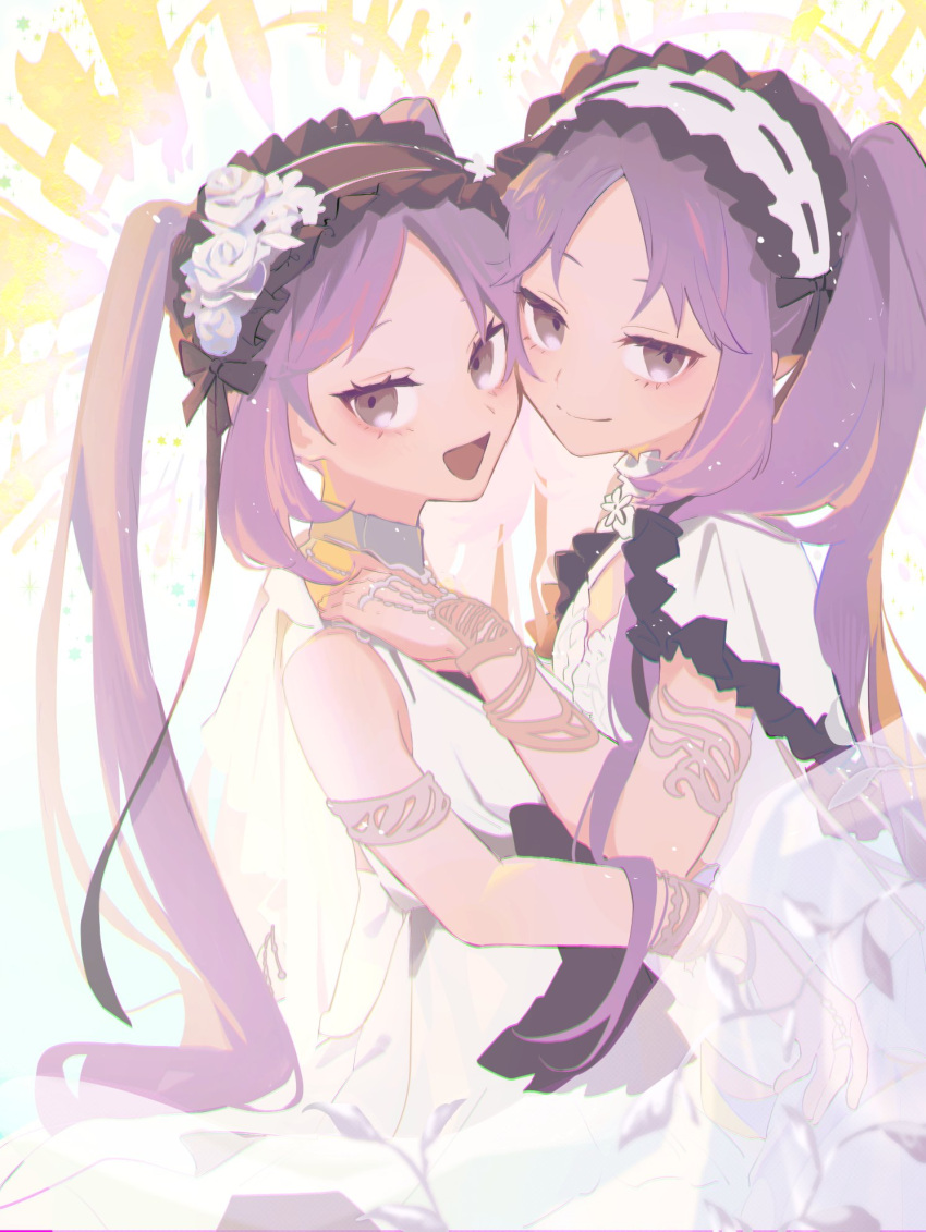 2girls :d armlet black_hairband bracelet closed_mouth dress euryale_(fate) euryale_(third_ascension)_(fate) fate/grand_order fate/hollow_ataraxia fate_(series) flower_hairband frilled_hairband frills grey_eyes hairband halo hand_on_another's_shoulder highres jewelry long_hair looking_at_viewer motamo_(motamotri) multiple_girls neck_ring open_mouth parted_bangs purple_hair siblings sidelocks sideways_glance simple_background sisters sleeveless sleeveless_dress smile stheno_(fate) stheno_(third_ascension)_(fate) twins twintails upper_body white_background white_dress white_hairband yellow_halo