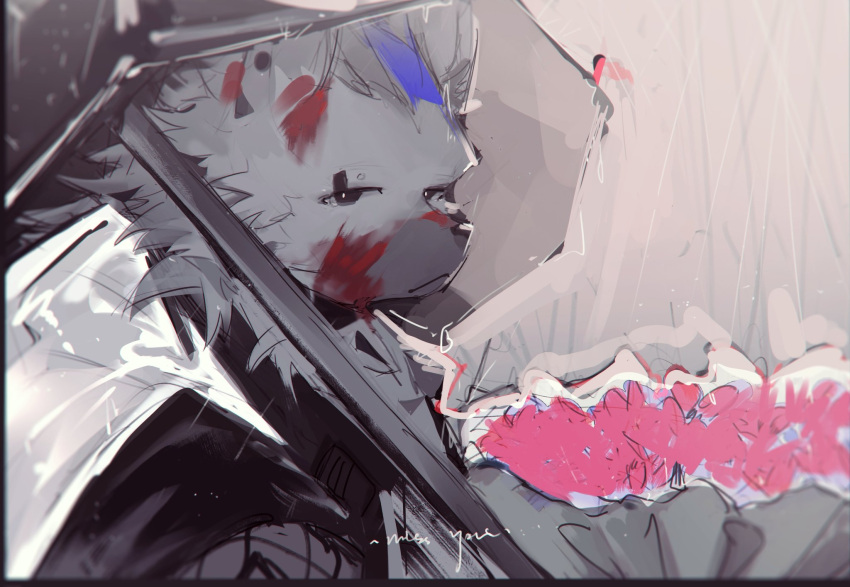 1boy arknights black_eyes blood blood_on_face bouquet broken_window closed_mouth commentary english_commentary english_text eyebrow_piercing furry furry_male glasses highres hyena_boy looking_at_viewer male_focus multicolored_hair p7ywirzyw8lesuc piercing solo spot_(arknights) streaked_hair