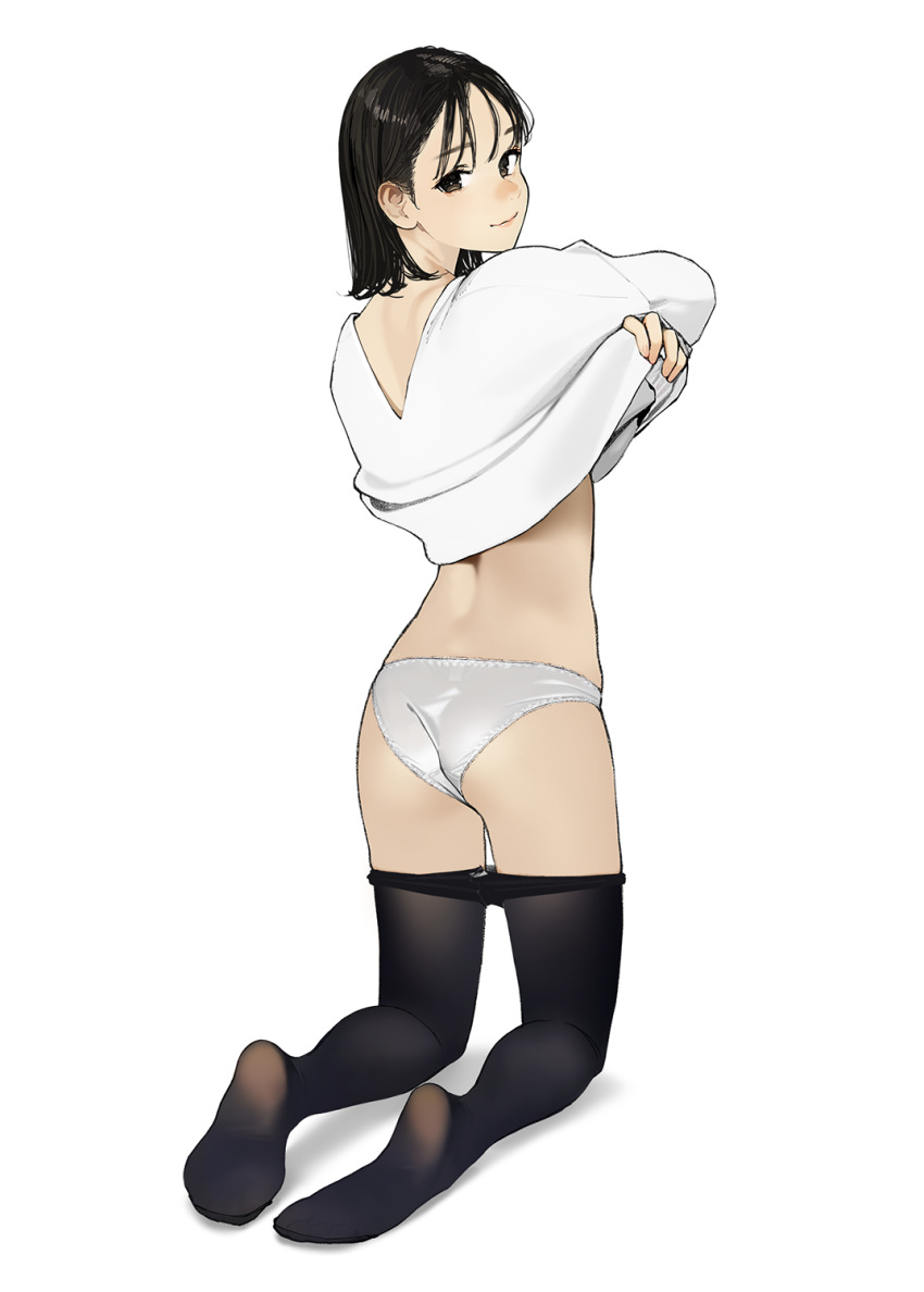 1girl ass black_hair black_pantyhose blush brown_eyes closed_mouth clothes_lift clothes_pull feet from_behind highres kneeling lifted_by_self looking_at_viewer looking_back no_shoes original panties pantyhose pantyhose_pull shirt_lift short_hair smile soles solo underwear white_panties yomu_(sgt_epper)