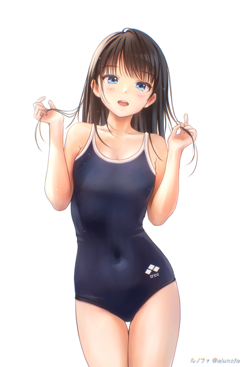 1girl black_hair blue_one-piece_swimsuit breasts competition_school_swimsuit covered_navel cowboy_shot green_eyes highres logo medium_hair one-piece_swimsuit original school_swimsuit simple_background small_breasts smile solo standing swept_bangs swimsuit thigh_gap white_background yuluvine