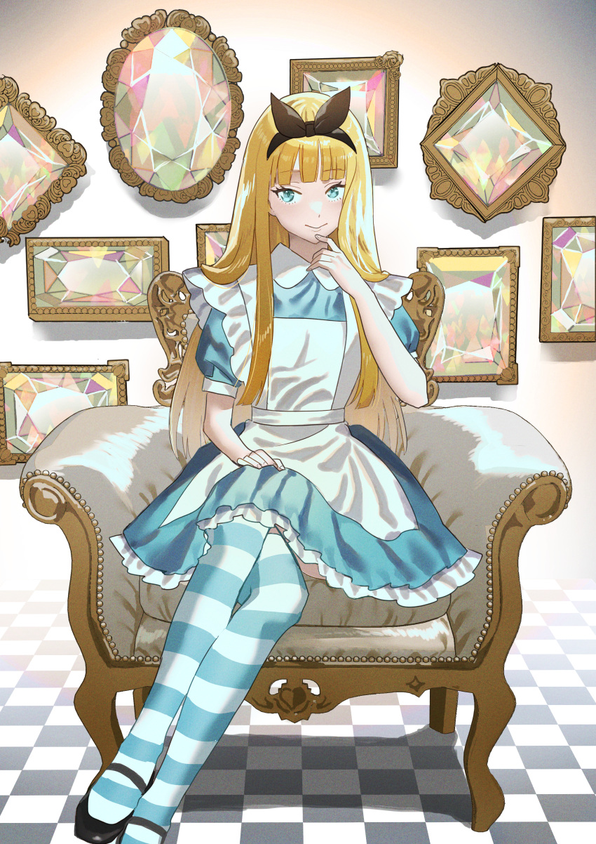 1girl absurdres alice_(alice_in_wonderland) alice_in_wonderland apron black_hairband blonde_hair blue_dress blue_eyes blunt_bangs crossed_legs dress english_commentary finger_to_own_chin frilled_apron frills full_body gem hairband highres jun_(nad-j) long_hair looking_at_viewer ornate sitting smile solo striped_clothes striped_thighhighs thighhighs tile_floor tiles